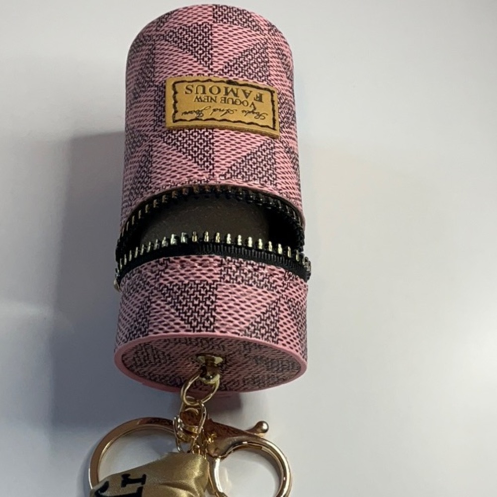 Pink Cylinder Lipstick Holder Bag Charm ~ Chapstick Case Keychain ~4” x 2” ~ NIP - Picture 2 of 4